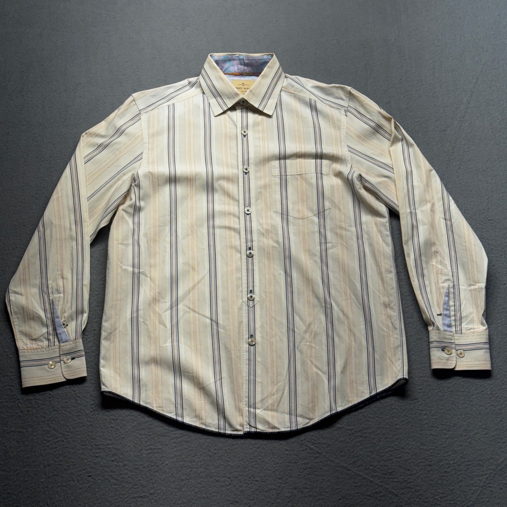 Tommy Bahama Mens Small Striped Button Down Shirt Cotton Long Sleeve Cream Blue